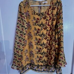 Max Studio Sheer Lined Yellow Floral Flare Sleeve Blouse Lightweight Large